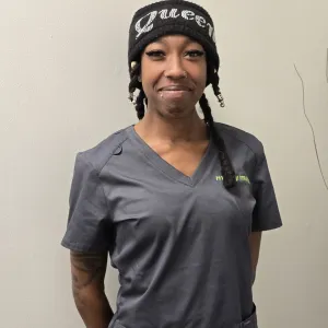 Kimberly getting ready for the day with a smile.